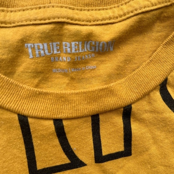 Women's True Religion T-Shirt Yellow All-Over Print M Buddha Y2K Logo Streetwear - Picture 2 of 12